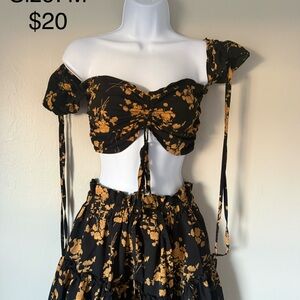 Black & Mustard Floral Two-Piece Crop Top and Skirt Set